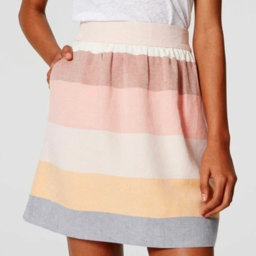 LOFT Womens Linen Blend Striped Mini Skirt Multi Color Elastic Waist Size S